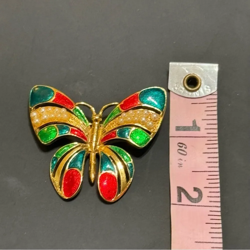 Colorful Gold Butterfly Brooch with Pearl Accents